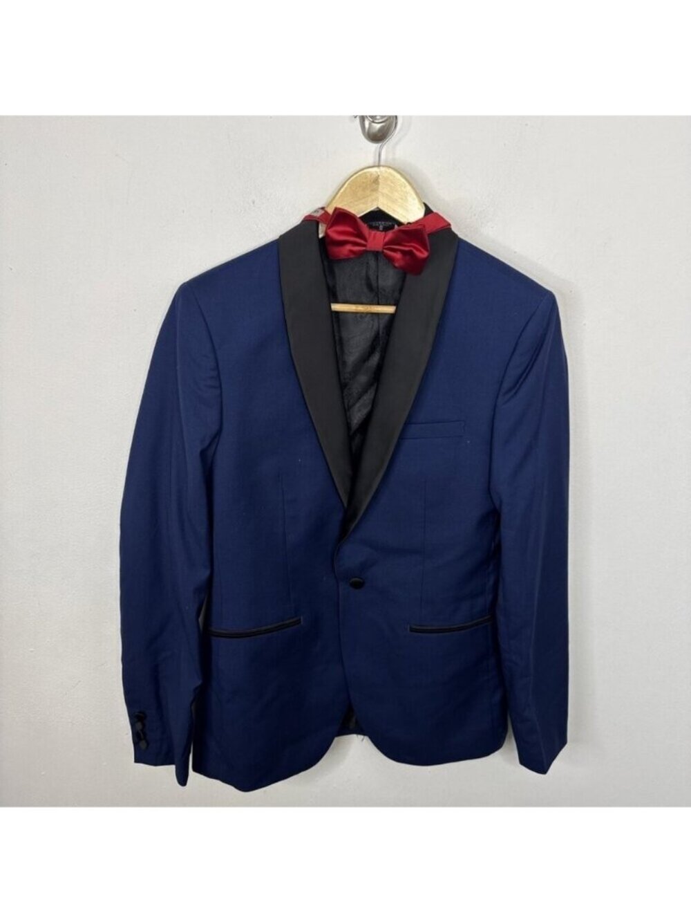 Le Chateau Men 38 Jacquard Diner Jacket Blue With Red Bow Tie  Slim Fit